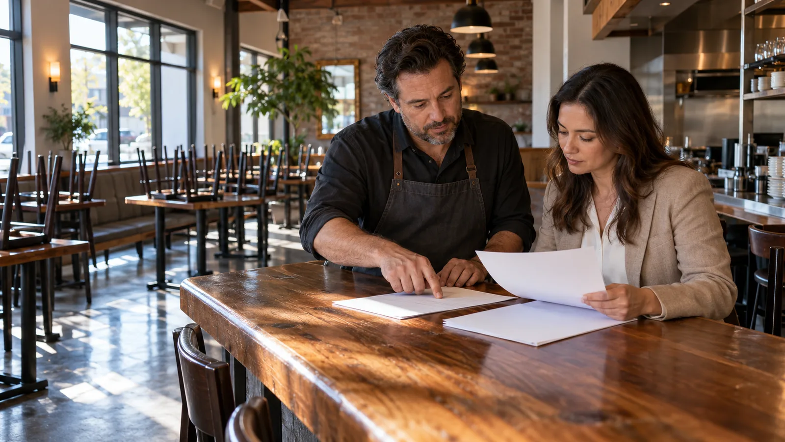 A restaurant owner and a buyer review paperwork at a bar counter in an empty dining room before opening hours