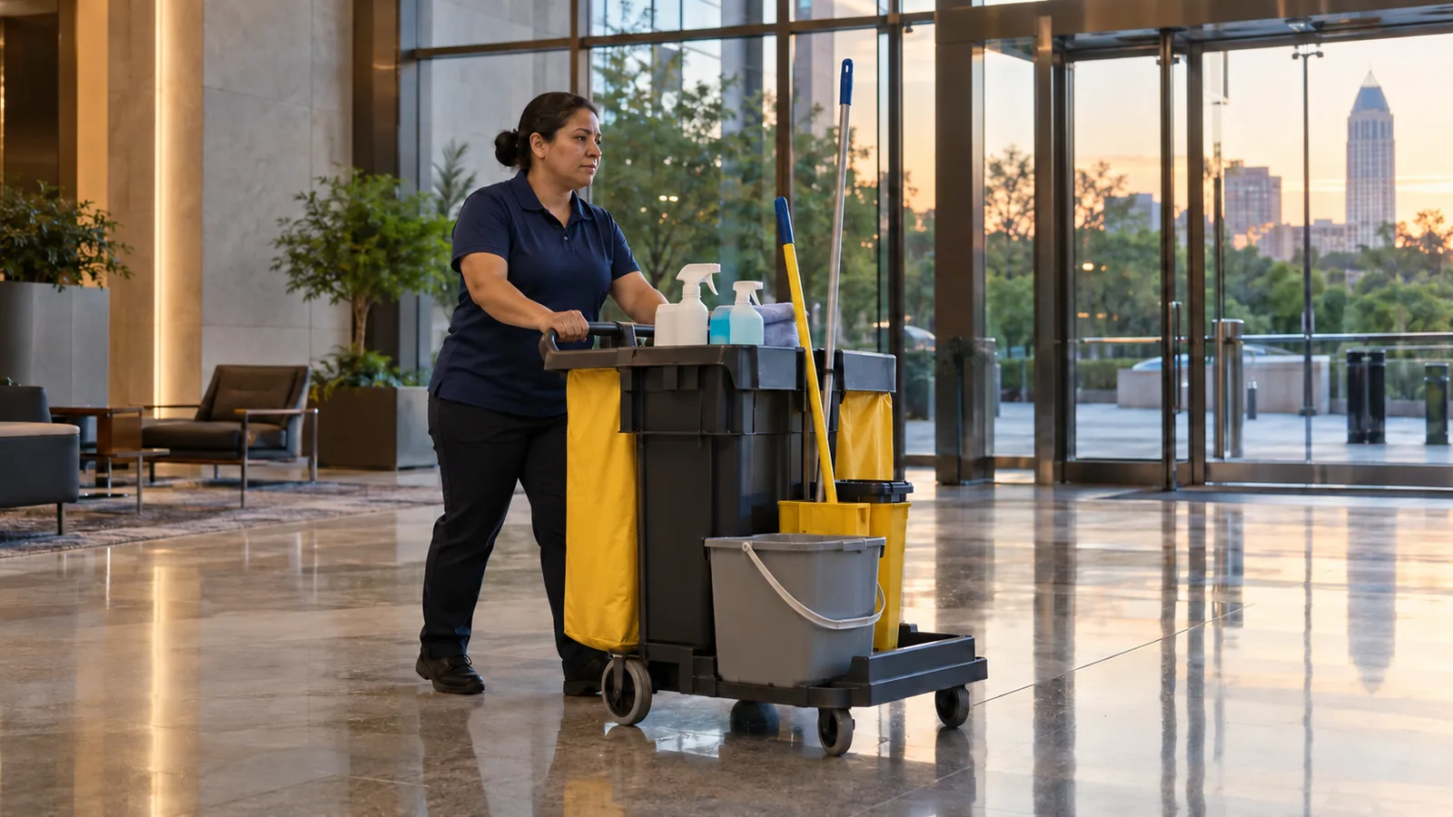 A cleaning crew member in a navy polo pushes a cleaning cart through a bright office lobby in the evening