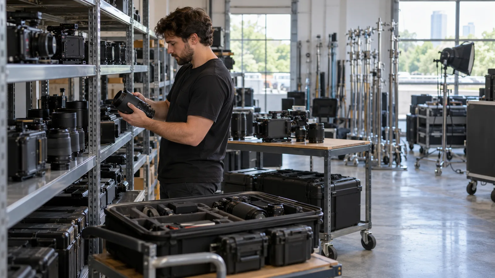 A rental technician checks cinema cameras and lenses on metal shelves in a clean equipment warehouse